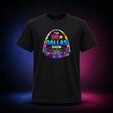 Black Gildan Softstyle 64000 T-shirt featuring the rainbow Dr. Dallas Show wrestling ring logo, front view