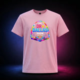 Light Pink Gildan Softstyle 64000 T-shirt featuring the rainbow Dr. Dallas Show wrestling ring logo, front view