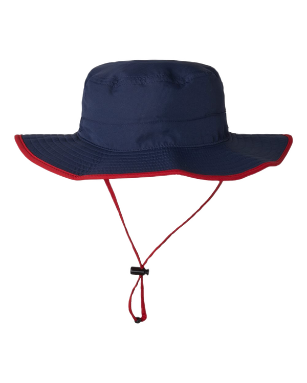 Navy wide-brim bucket hat with red brim border and adjustable chin strap toggle – custom sun-protection headwear by Print-MO.