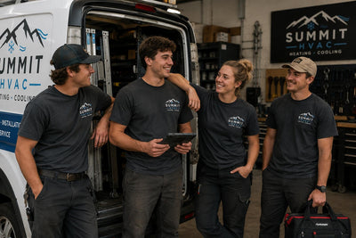 HVAC crew wearing matching Summit HVAC company shirts beside a service van