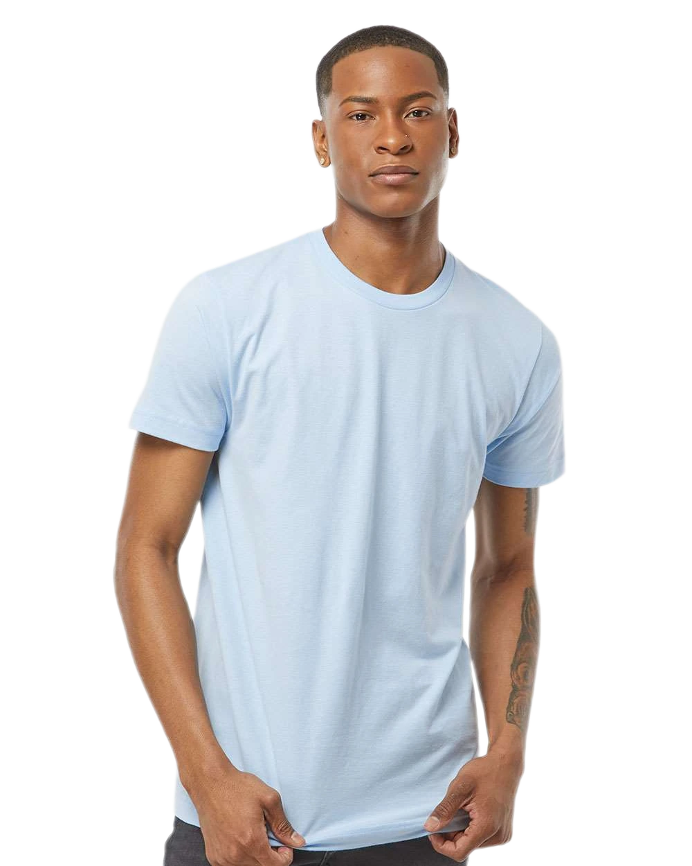 Tultex 202 T-shirt in Baby Blue, shown on a model from the front.