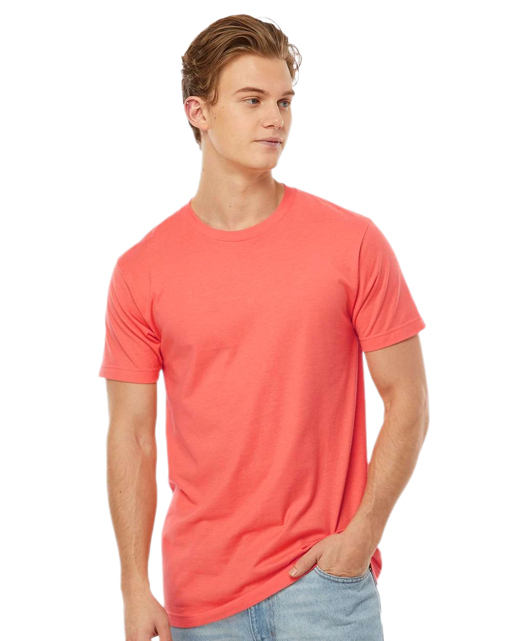 Tultex 202 T-shirt in Bright Coral, shown on a model from the front.