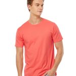 Tultex 202 T-shirt in Bright Coral, shown on a model from the front.