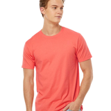 Tultex 202 T-shirt in Bright Coral, shown on a model from the front.