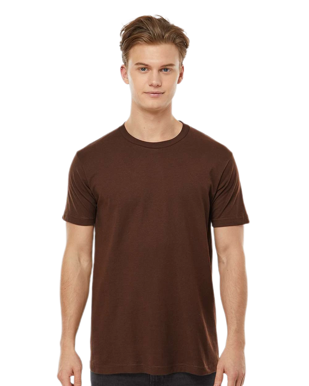 Tultex 202 T-shirt in Brown, shown on a model from the front.