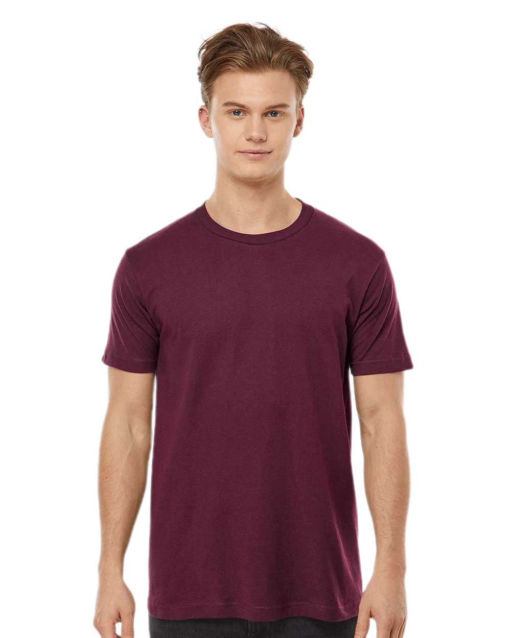 Tultex 202 T-shirt in Burgundy, shown on a model from the front.