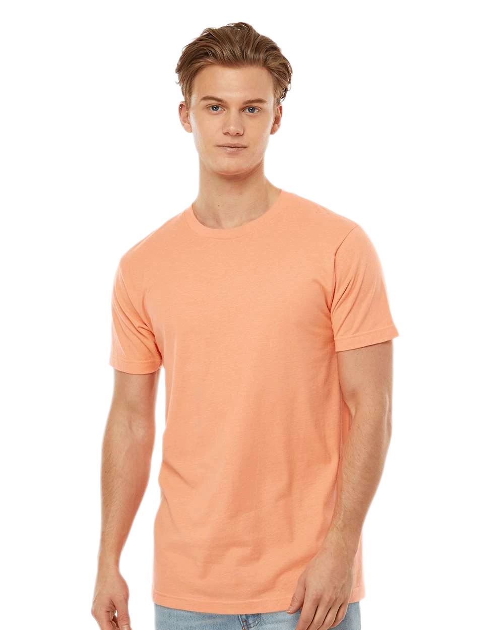 Tultex 202 T-shirt in Cantaloupe, shown on a model from the front.