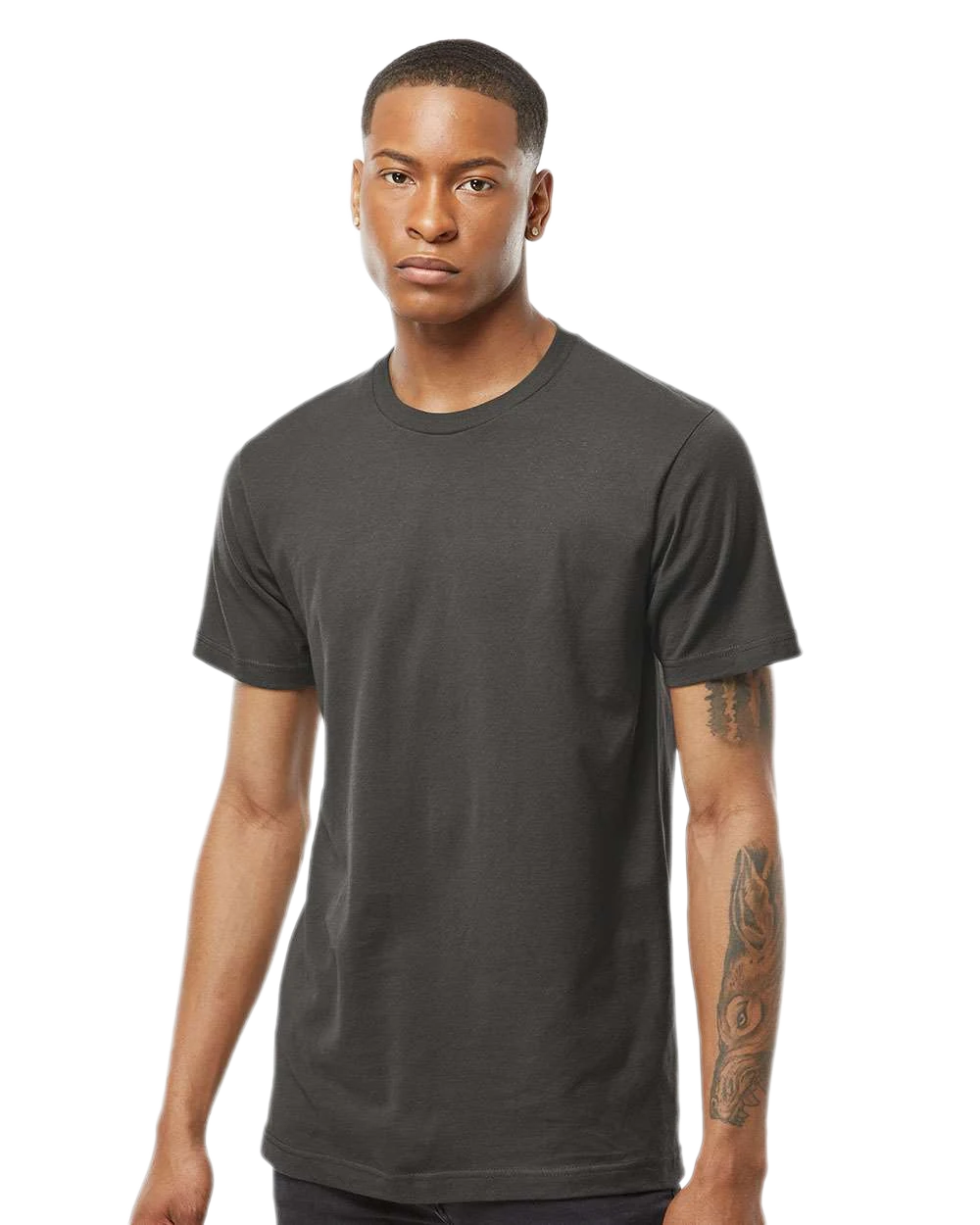 Tultex 202 T-shirt in Charcoal, shown on a model from the front.