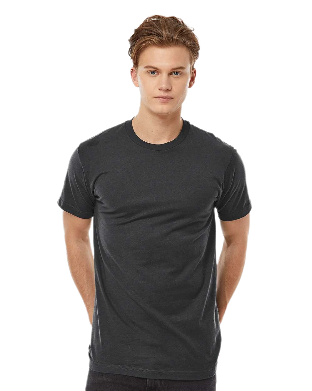 Tultex 202 T-shirt in Coal, shown on a model from the front.