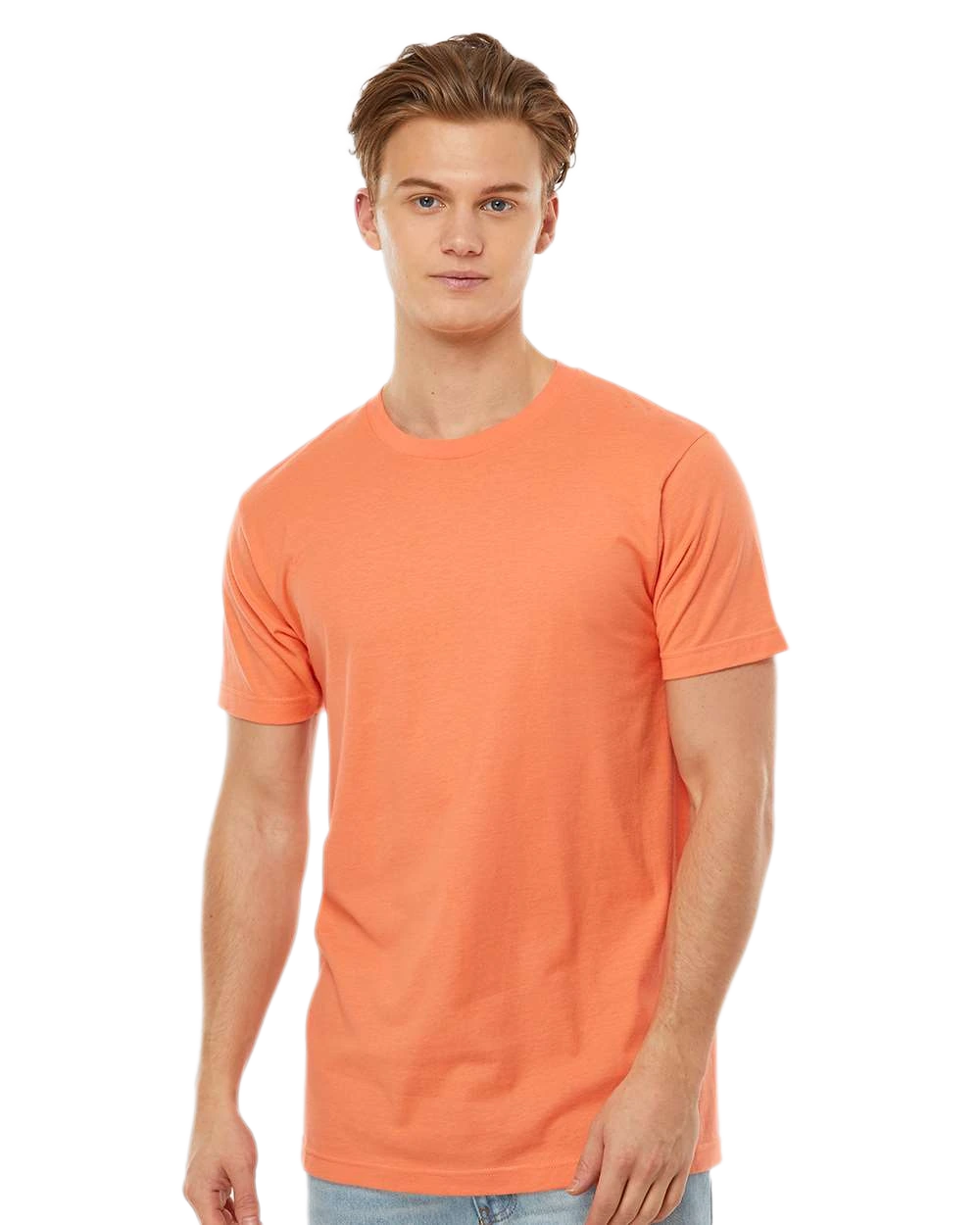 Tultex 202 T-shirt in Coral, shown on a model from the front.