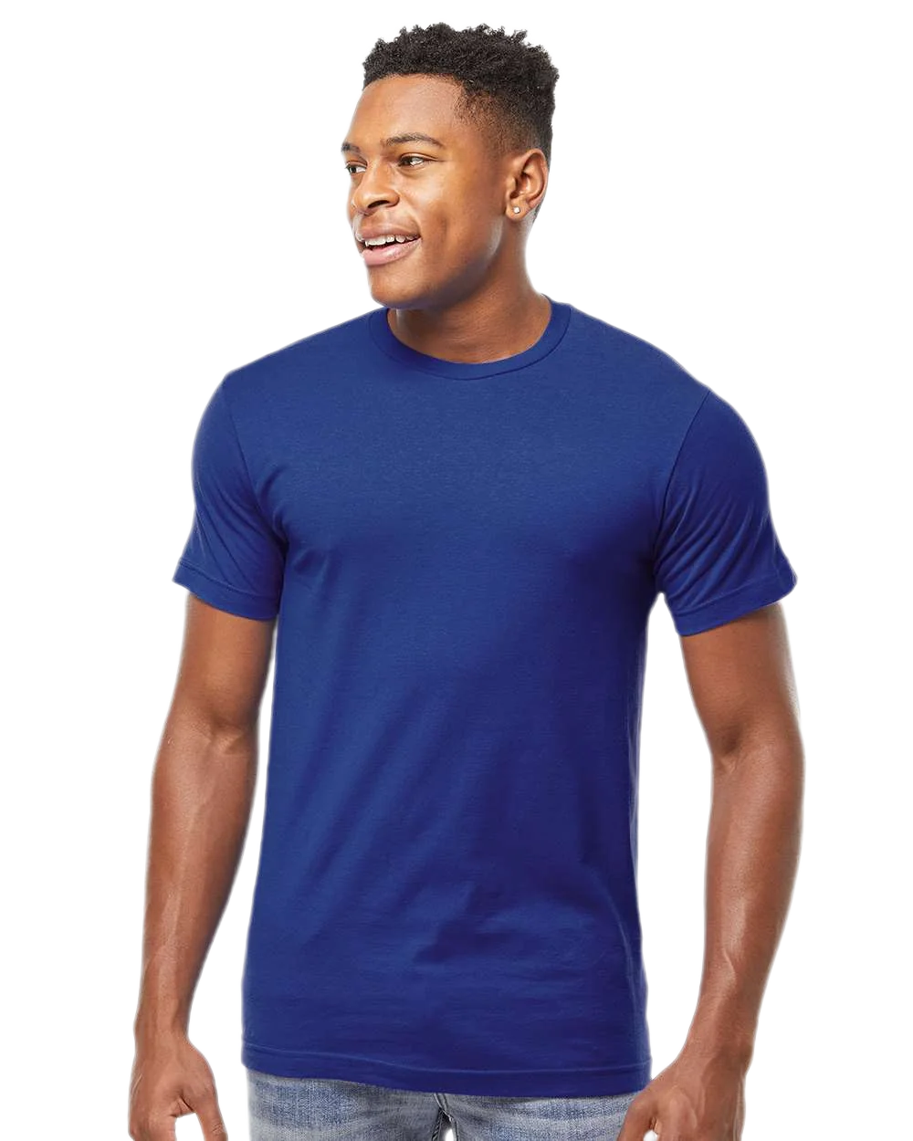 Tultex 202 T-shirt in Deep Blue, shown on a model from the front.