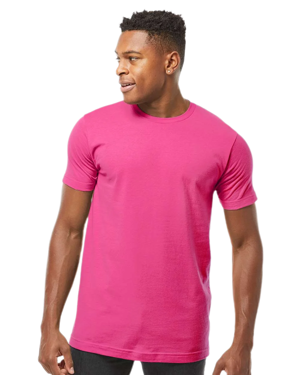 Tultex 202 T-shirt in Fuchsia, shown on a model from the front.
