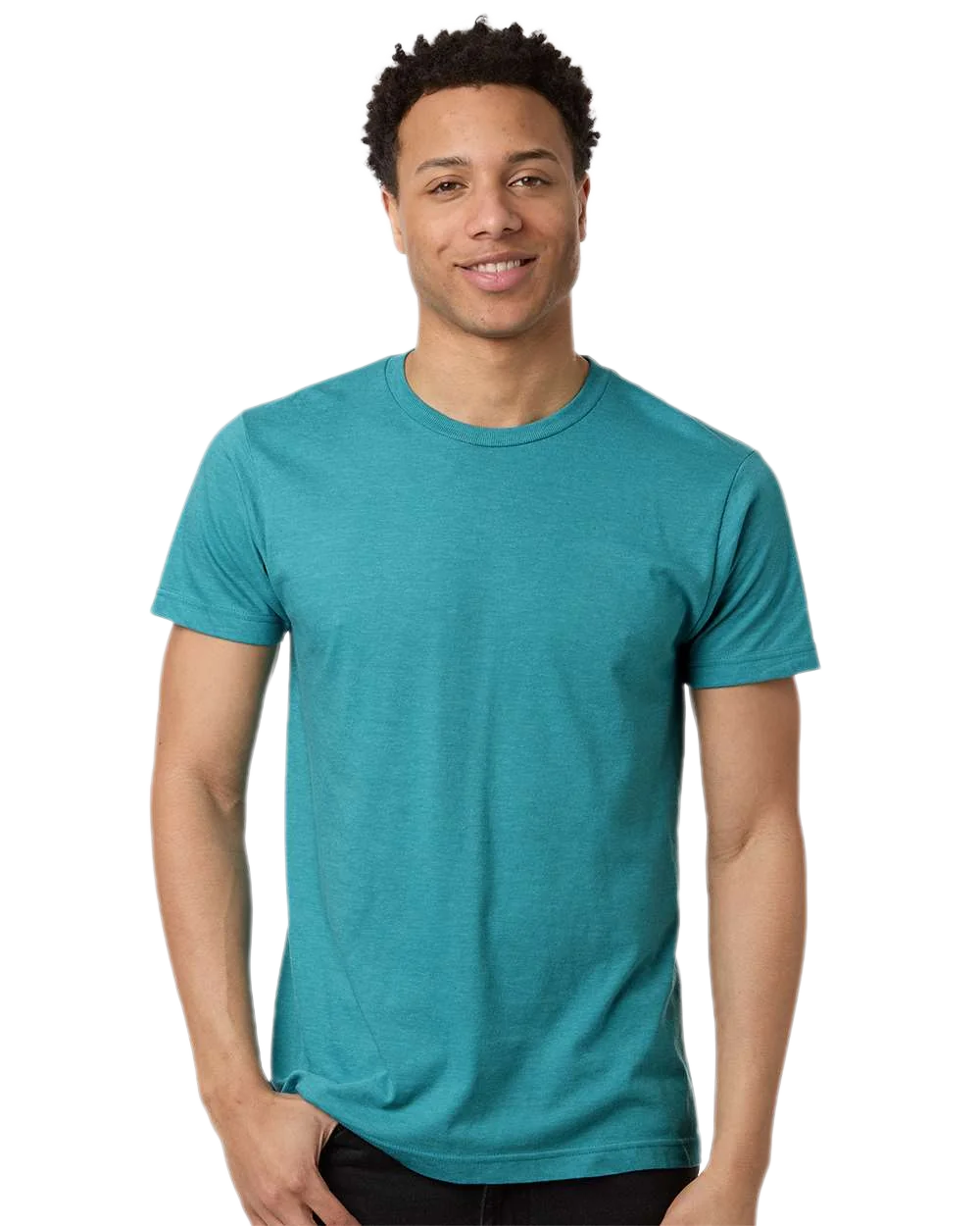 Tultex 202 T-shirt in Heather Aqua Blue, shown on a model from the front.