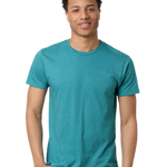 Tultex 202 T-shirt in Heather Aqua Blue, shown on a model from the front.