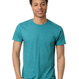 Tultex 202 T-shirt in Heather Aqua Blue, shown on a model from the front.