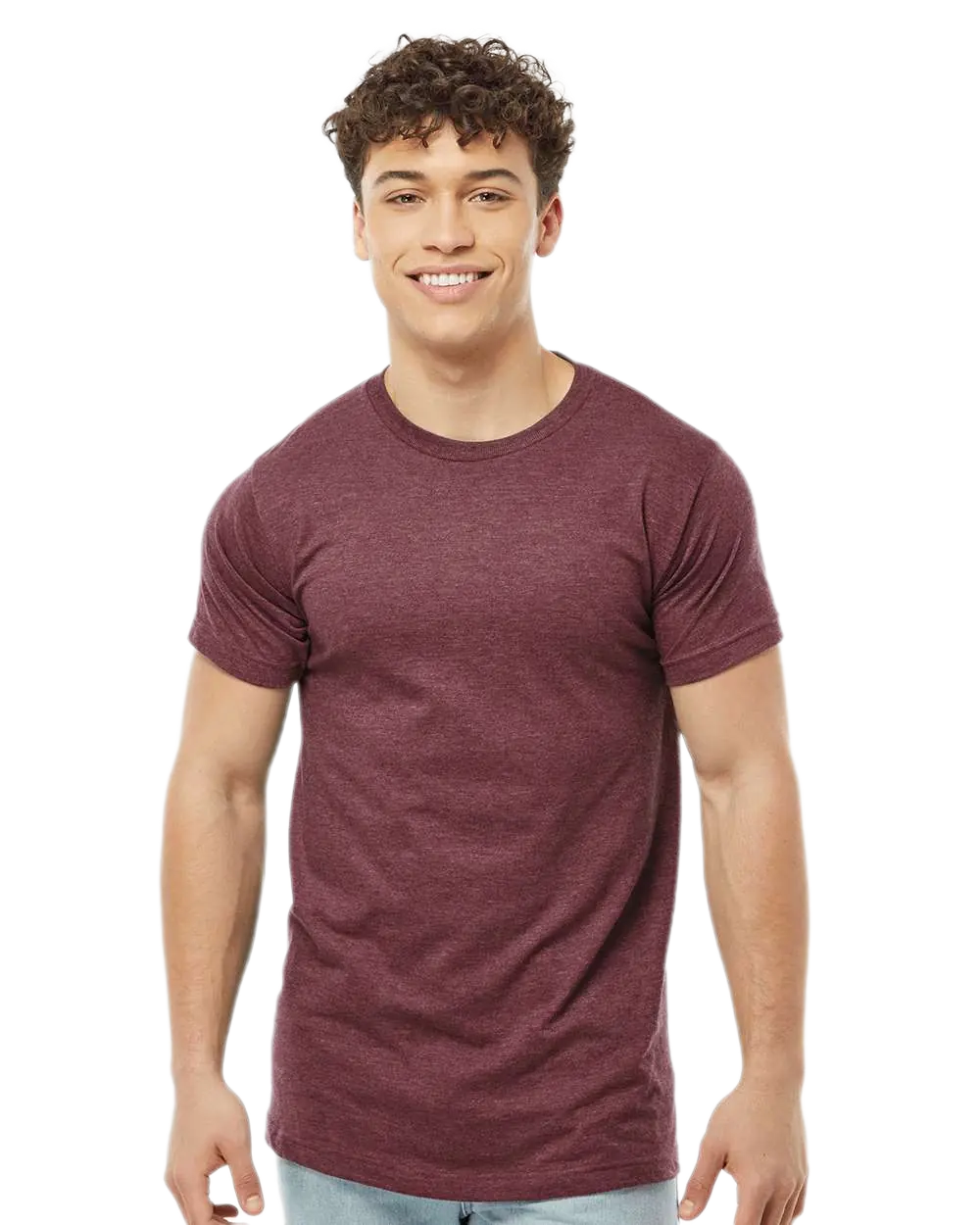 Tultex 202 T-shirt in Heather Burgundy, shown on a model from the front.