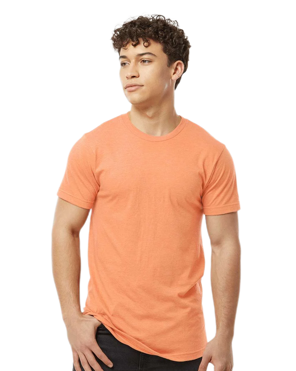 Tultex 202 T-shirt in Heather Cantaloupe, shown on a model from the front.