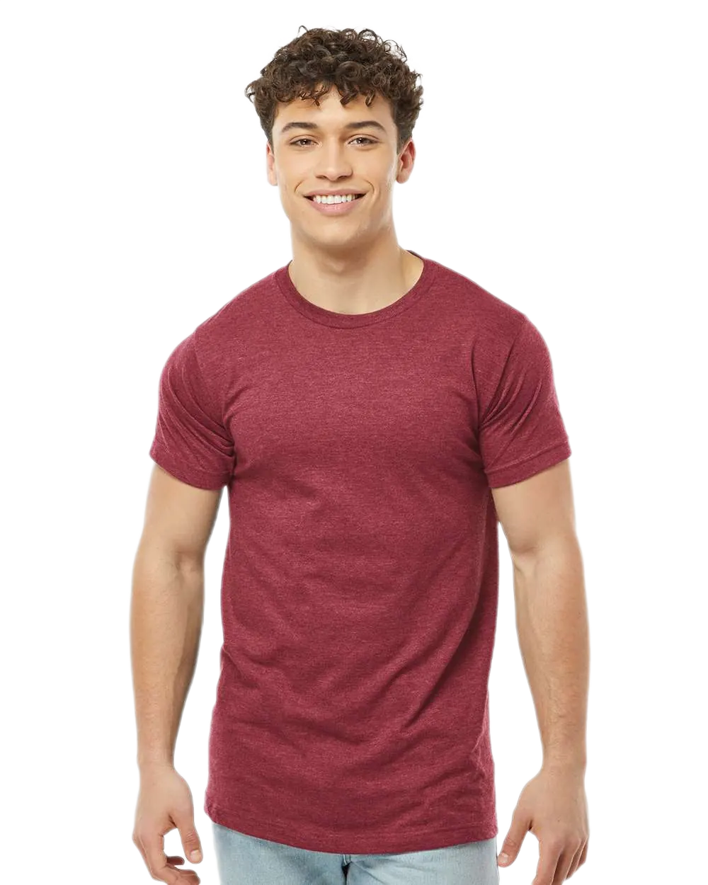 Tultex 202 T-shirt in Heather Cardinal, shown on a model from the front.