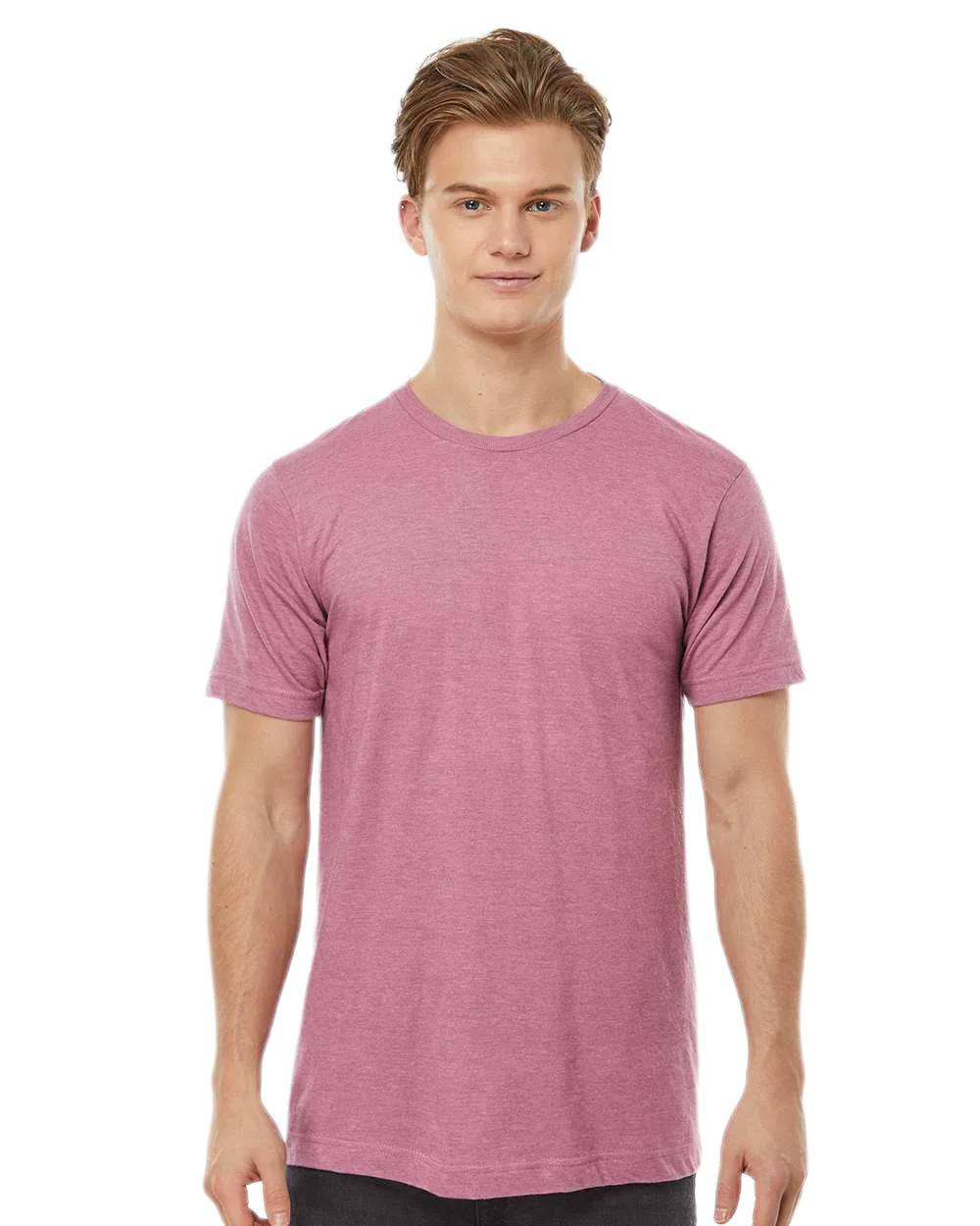 Tultex 202 T-shirt in Heather Cassis, shown on a model from the front.