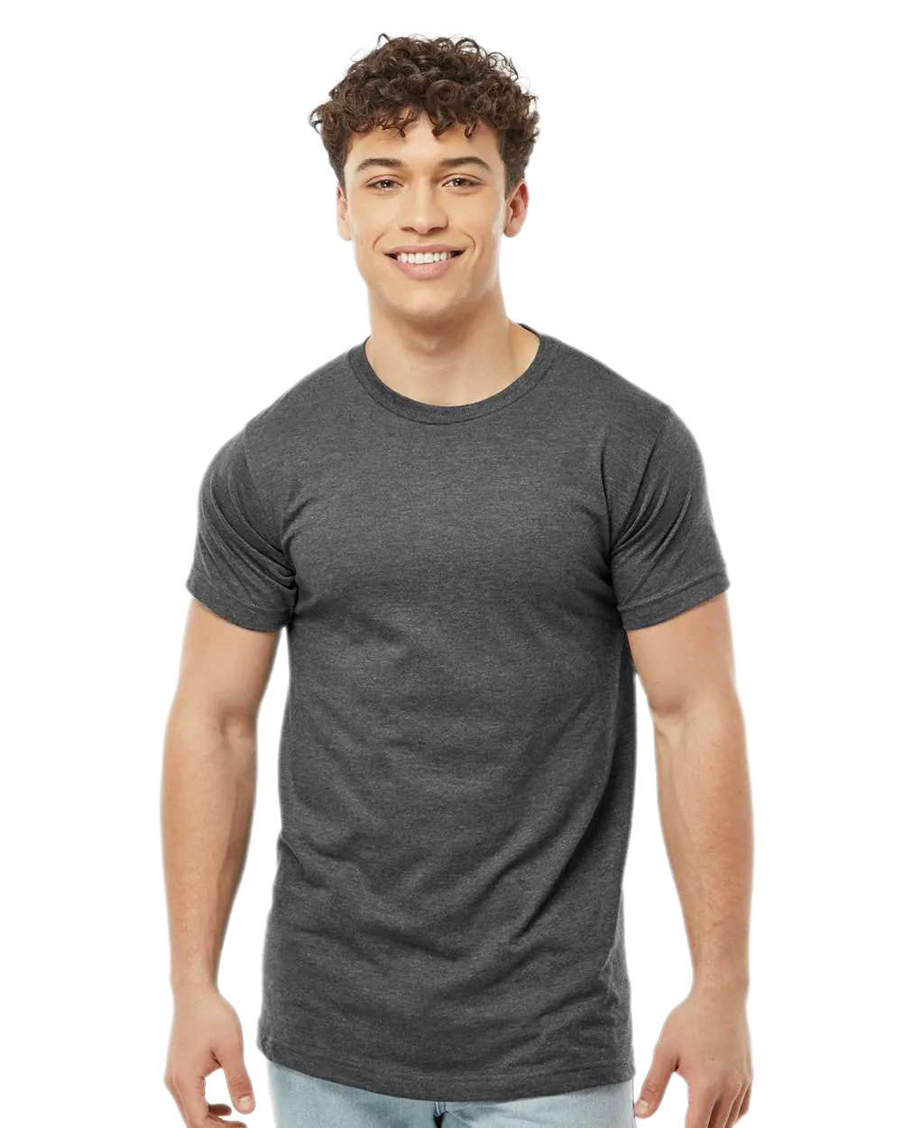 Tultex 202 T-shirt in Heather Charcoal, shown on a model from the front.