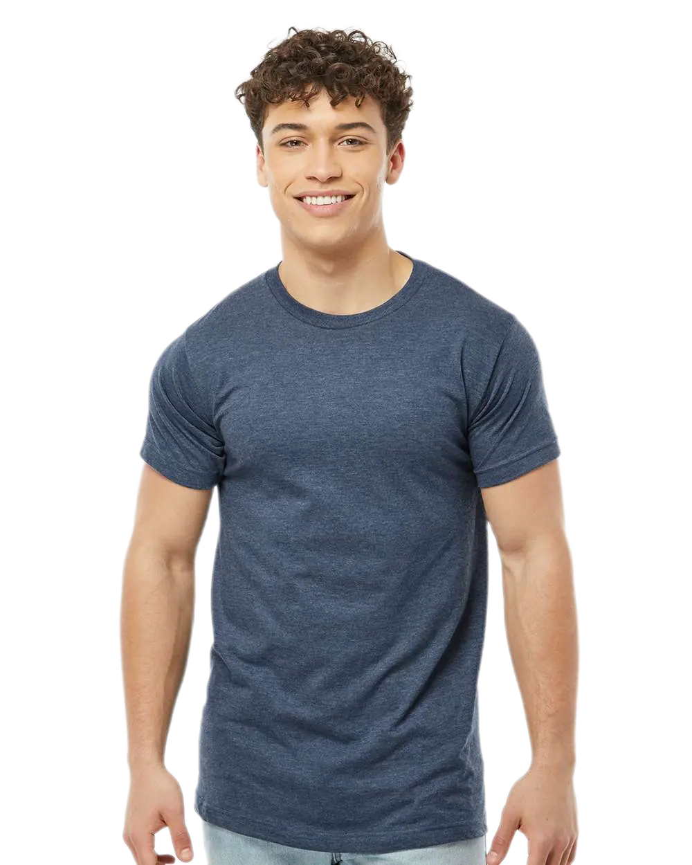 Tultex 202 T-shirt in Heather Denim, shown on a model from the front.