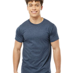 Tultex 202 T-shirt in Heather Denim, shown on a model from the front.