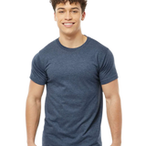 Tultex 202 T-shirt in Heather Denim, shown on a model from the front.