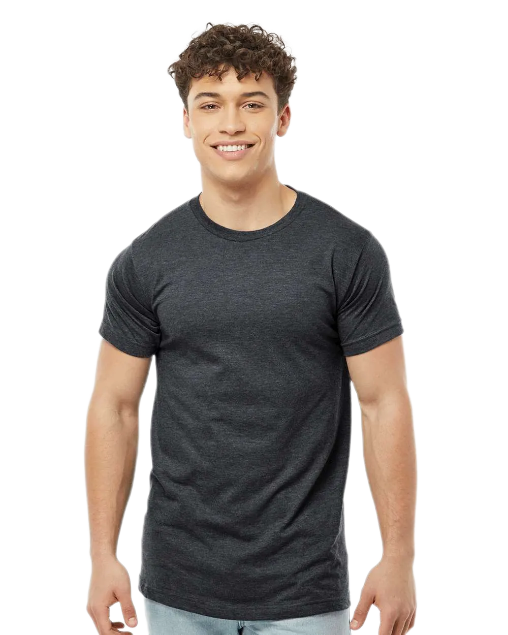 Tultex 202 T-shirt in Heather Graphite, shown on a model from the front.
