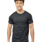 Tultex 202 T-shirt in Heather Graphite, shown on a model from the front.