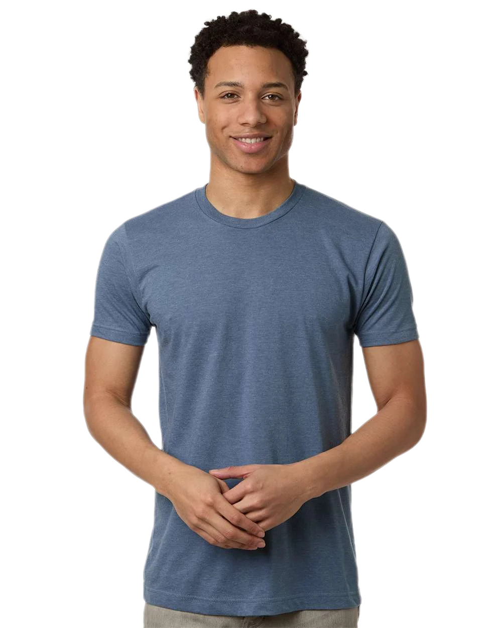Tultex 202 T-shirt in Heather Indigo Blue, shown on a model from the front.