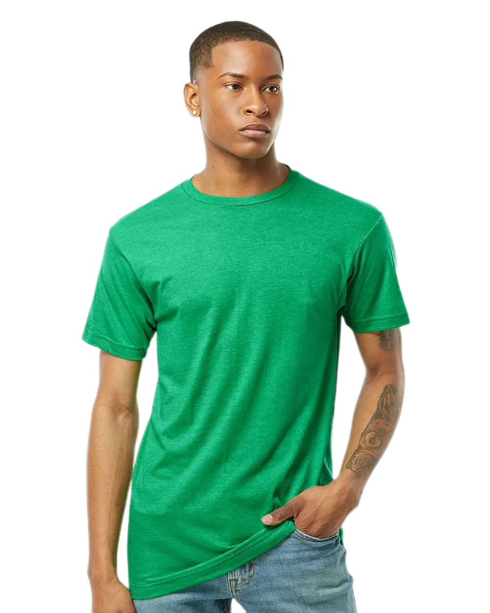 Tultex 202 T-shirt in Heather Kelly, shown on a model from the front.