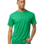 Tultex 202 T-shirt in Heather Kelly, shown on a model from the front.