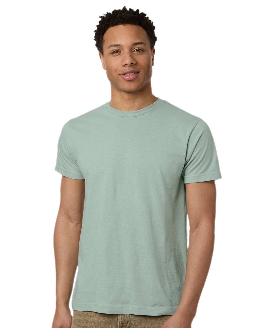 Tultex 202 T-shirt in Heather Light Sage, shown on a model from the front.