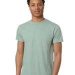 Tultex 202 T-shirt in Heather Light Sage, shown on a model from the front.