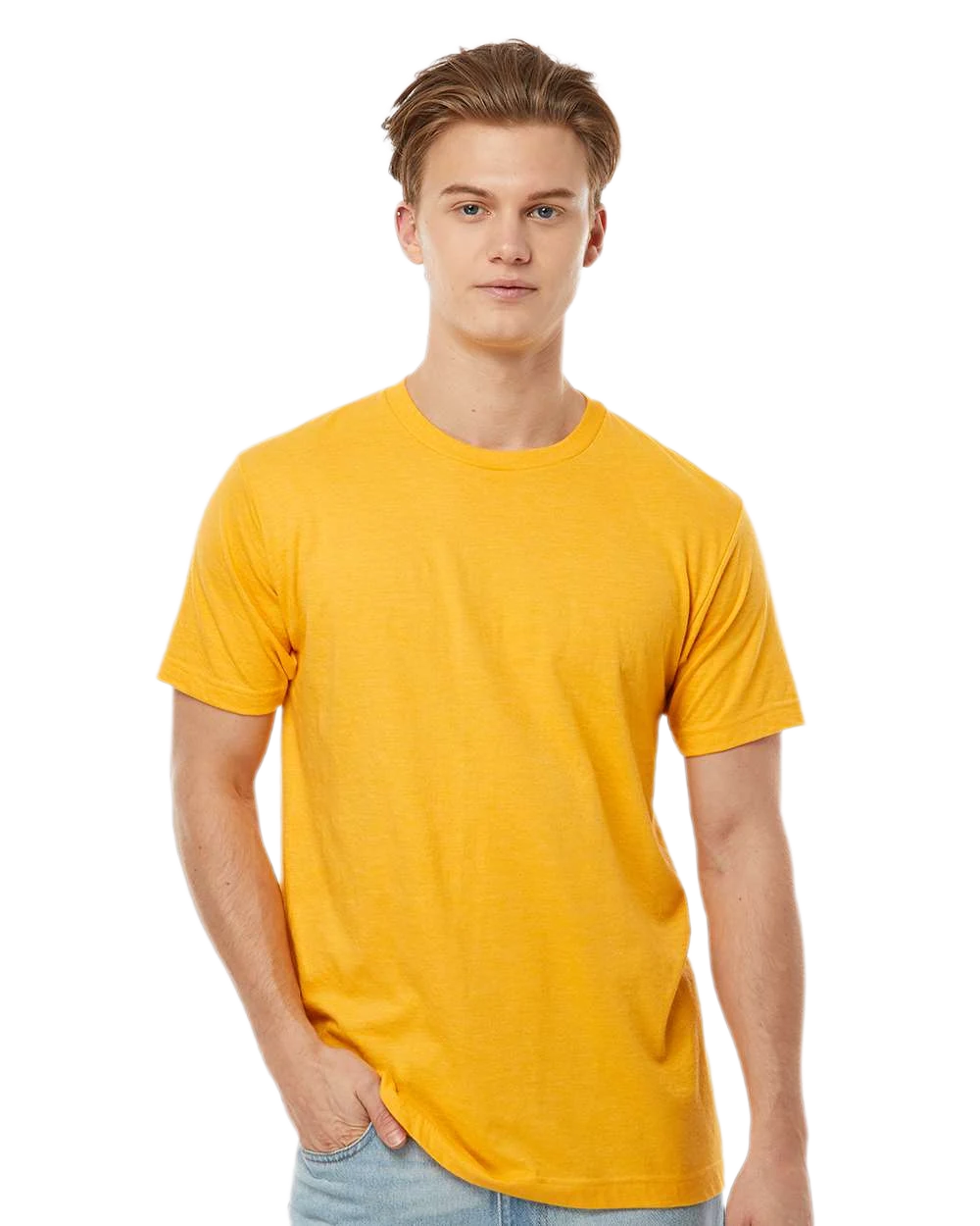 Tultex 202 T-shirt in Heather Mellow Yellow, shown on a model from the front.