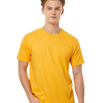 Tultex 202 T-shirt in Heather Mellow Yellow, shown on a model from the front.