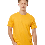 Tultex 202 T-shirt in Heather Mellow Yellow, shown on a model from the front.
