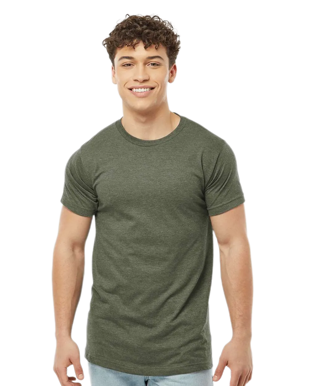 Tultex 202 T-shirt in Heather Military Green, shown on a model from the front.