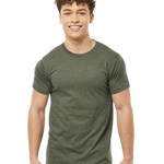 Tultex 202 T-shirt in Heather Military Green, shown on a model from the front.
