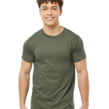 Tultex 202 T-shirt in Heather Military Green, shown on a model from the front.