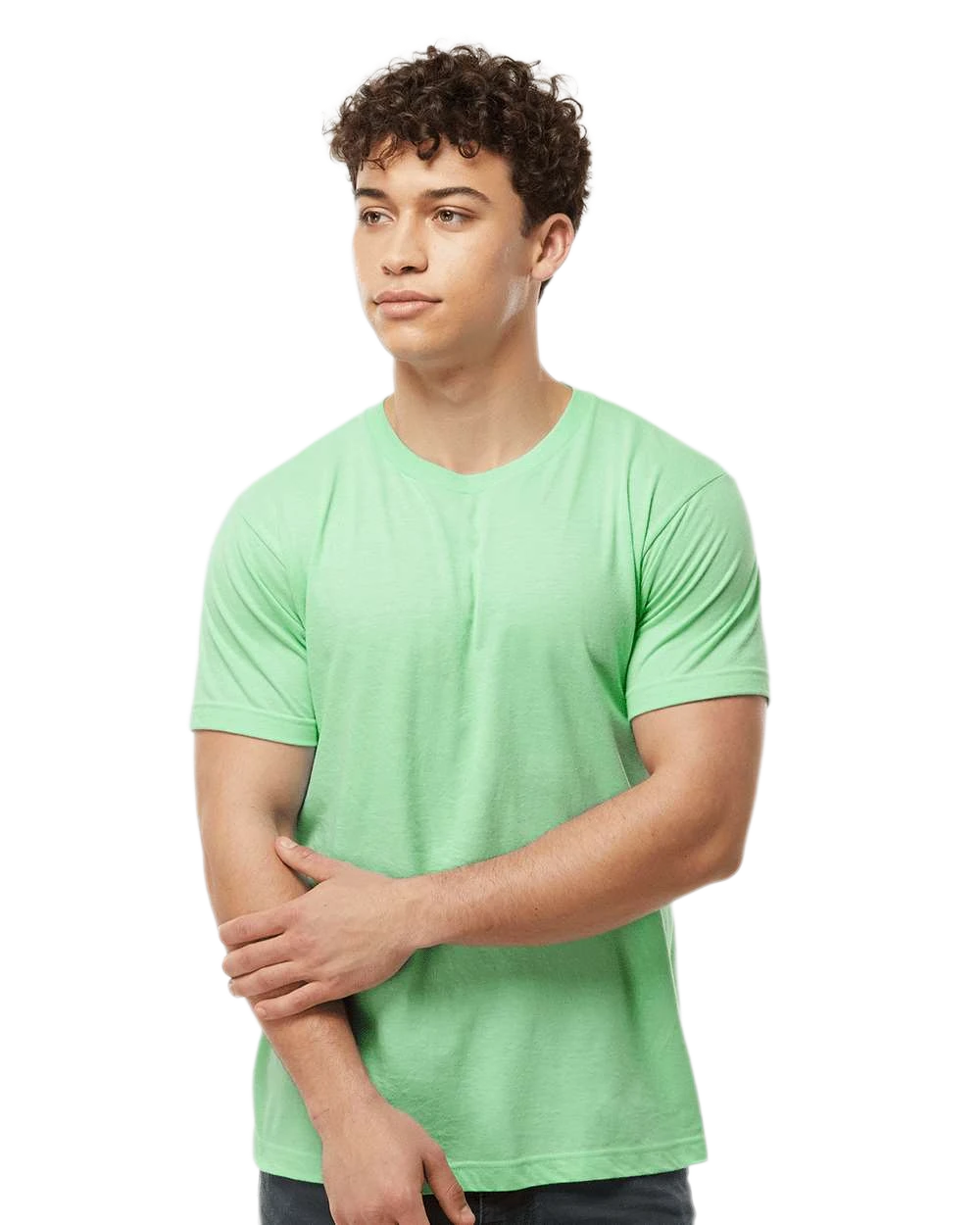Tultex 202 T-shirt in Heather Neo Mint, shown on a model from the front.