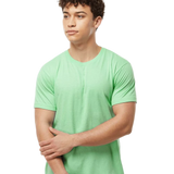 Tultex 202 T-shirt in Heather Neo Mint, shown on a model from the front.