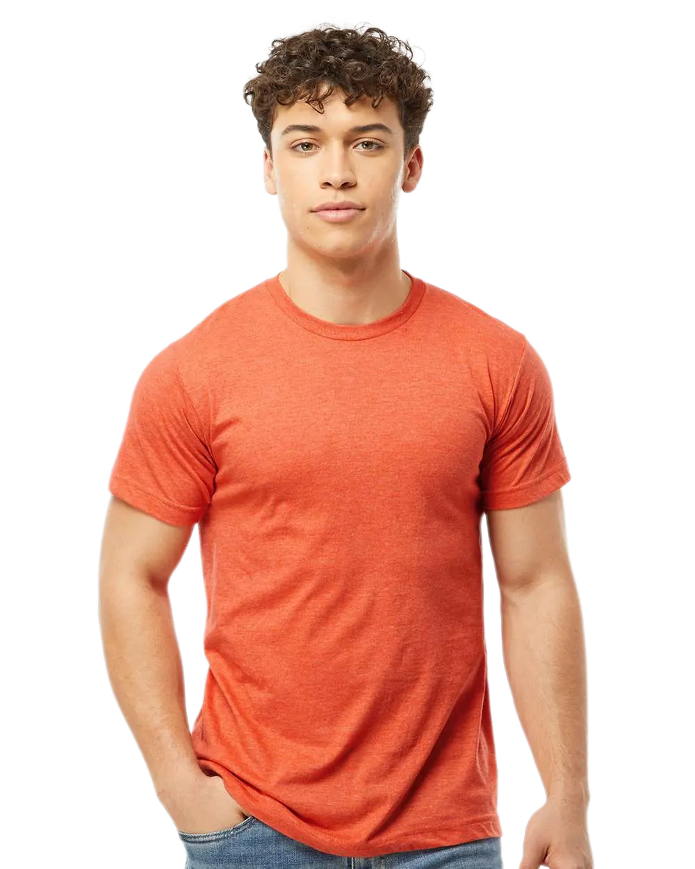 Tultex 202 T-shirt in Heather Orange, shown on a model from the front.