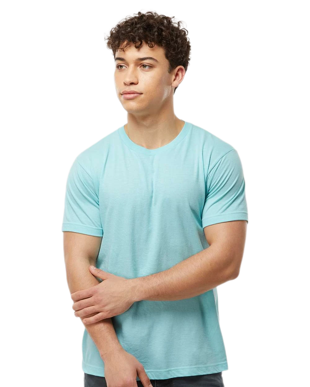Tultex 202 T-shirt in Heather Purist Blue, shown on a model from the front.