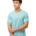 Tultex 202 T-shirt in Heather Purist Blue, shown on a model from the front.