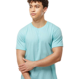 Tultex 202 T-shirt in Heather Purist Blue, shown on a model from the front.