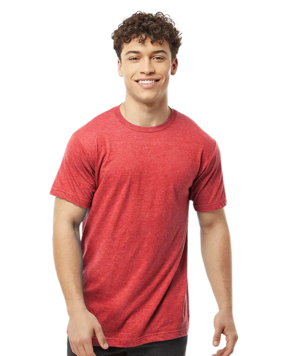 Tultex 202 T-shirt in Heather Red, shown on a model from the front.