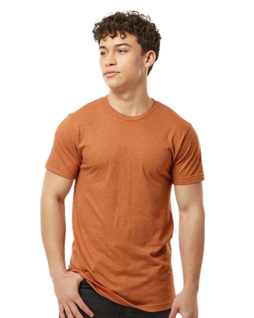 Tultex 202 T-shirt in Heather Rust, shown on a model from the front.