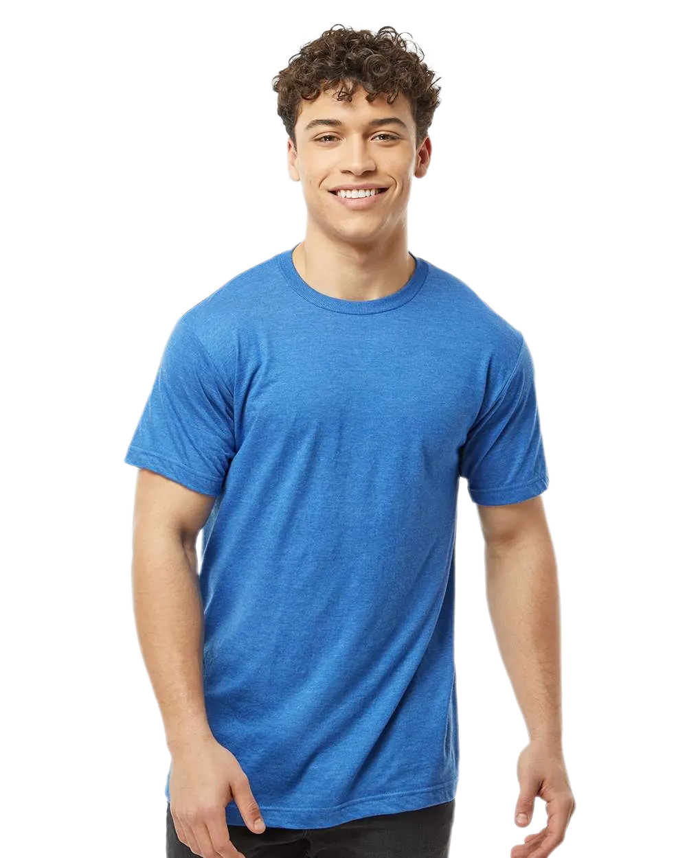 Tultex 202 T-shirt in Heather Turquoise, shown on a model from the front.