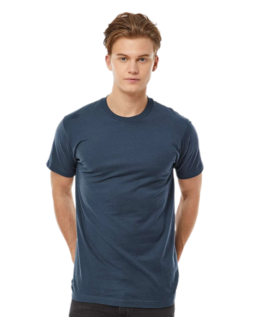 Tultex 202 T-shirt in Indigo, shown on a model from the front.